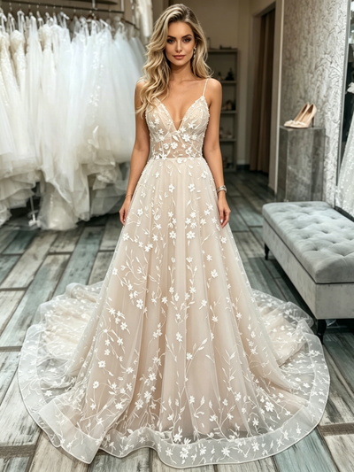 Champagne Lace Spaghetti Straps Wedding Dress