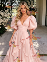 Pink Tulle V-neck Puff Sleeve Prom Dress