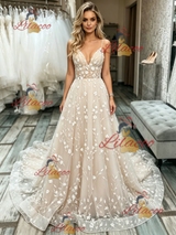 Champagne Lace Spaghetti Straps Wedding Dress