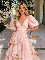Pink Tulle V-neck Puff Sleeve Prom Dress