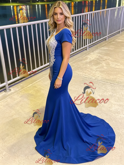 Blue Mermaid Appliques Beading Prom Dress