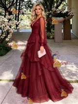 Burgundy Tulle V-neck Long Sleeve Prom Dress