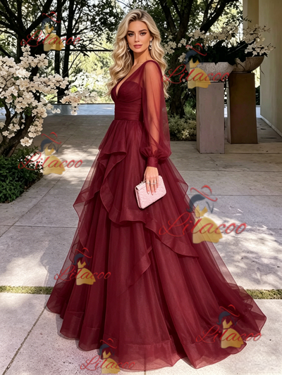 Burgundy Tulle V-neck Long Sleeve Prom Dress