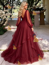 Burgundy Tulle V-neck Long Sleeve Prom Dress
