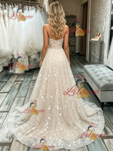 Champagne Lace Spaghetti Straps Wedding Dress