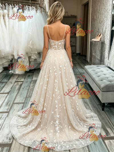 Champagne Lace Spaghetti Straps Wedding Dress