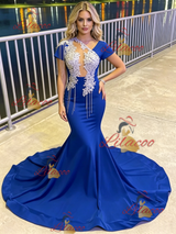 Blue Mermaid Appliques Beading Prom Dress