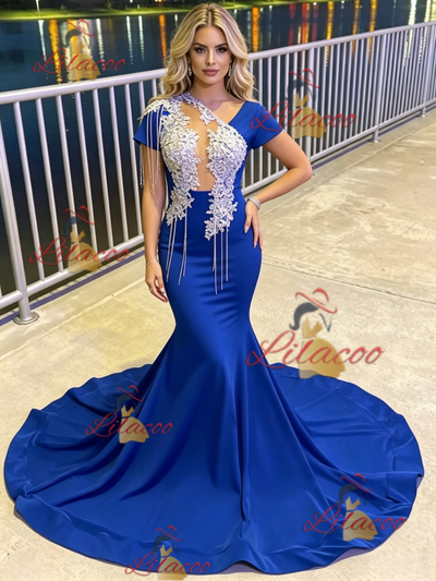 Blue Mermaid Appliques Beading Prom Dress