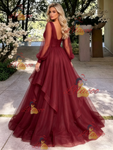 Burgundy Tulle V-neck Long Sleeve Prom Dress