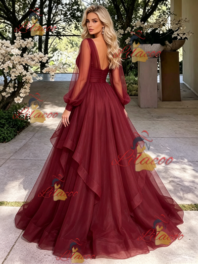 Burgundy Tulle V-neck Long Sleeve Prom Dress