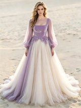 Champagne Tulle Long Sleeve Appliques Wedding Dress
