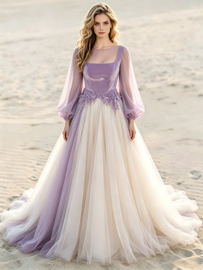 Champagne Tulle Long Sleeve Appliques Wedding Dress