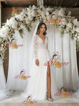 White Tulle Lace Long Sleeve Wedding Dress