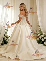 Ivory Satin Off the Shoulder Beading Wedding Dress