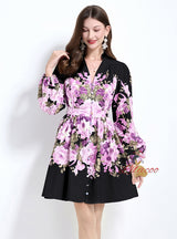 Retro Palace V-neck Long Sleeve Printed Dress