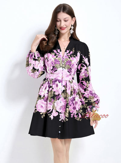 Retro Palace V-neck Long Sleeve Printed Dress