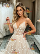 Champagne Lace Spaghetti Straps Wedding Dress