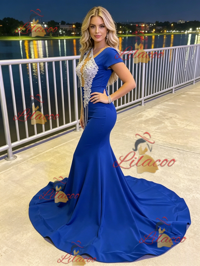 Blue Mermaid Appliques Beading Prom Dress
