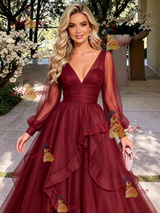 Burgundy Tulle V-neck Long Sleeve Prom Dress