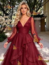 Burgundy Tulle V-neck Long Sleeve Prom Dress