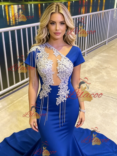 Blue Mermaid Appliques Beading Prom Dress