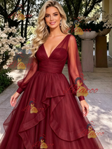 Burgundy Tulle V-neck Long Sleeve Prom Dress