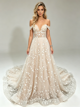 Champagne Lace Off the Shoulder Wedding Dress