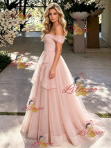 Pink Tulle Off the Shoulder Prom Dress