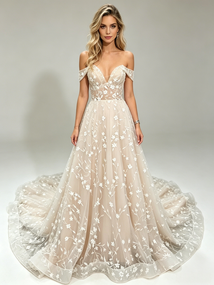 Champagne Lace Off the Shoulder Wedding Dress