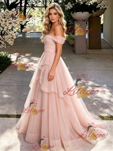 Pink Tulle Off the Shoulder Prom Dress