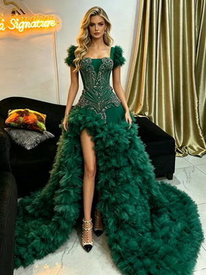 Green Mermaid Short Sleeve Beading Prom Dress