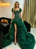 Green Mermaid Short Sleeve Beading Prom Dress