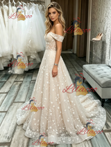 Champagne Lace Off the Shoulder Wedding Dress