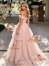 Pink Tulle Off the Shoulder Prom Dress