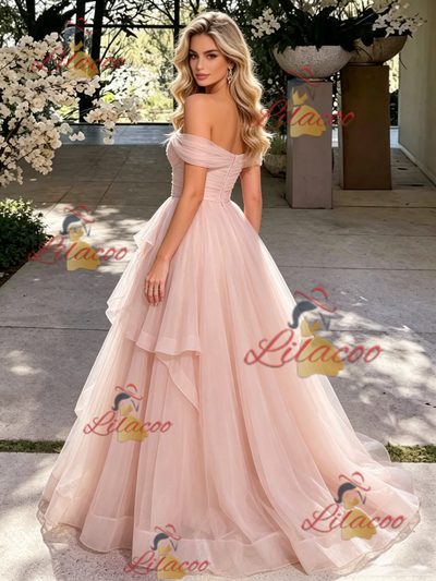 Pink Tulle Off the Shoulder Prom Dress