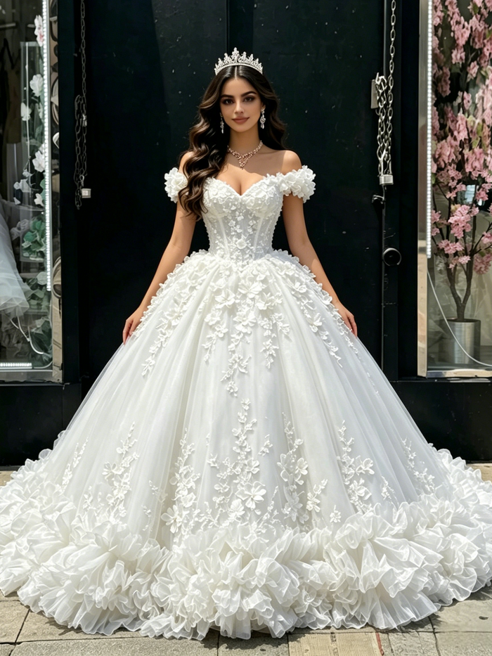 White Tulle Off thwe Shoulder Appliques Quinceanera Dress