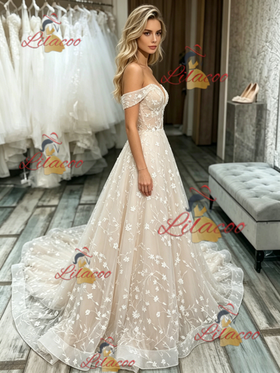 Champagne Lace Off the Shoulder Wedding Dress