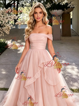 Pink Tulle Off the Shoulder Prom Dress