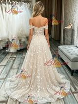 Champagne Lace Off the Shoulder Wedding Dress
