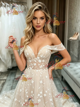 Champagne Lace Off the Shoulder Wedding Dress