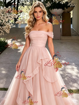 Pink Tulle Off the Shoulder Prom Dress