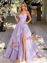 Purple Tulle Strapless Pleats Prom Dress