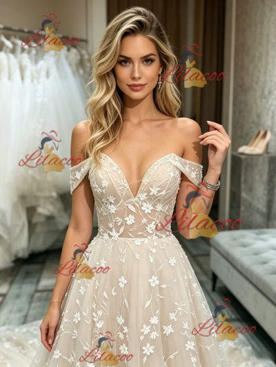 Champagne Lace Off the Shoulder Wedding Dress