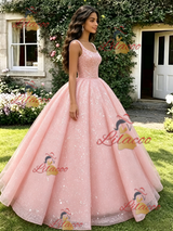 Pink Sequins Straps Quinceanera Dress