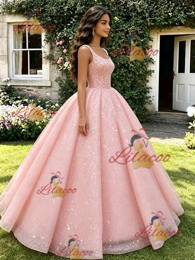 Pink Sequins Straps Quinceanera Dress