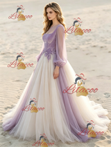 Champagne Tulle Long Sleeve Appliques Wedding Dress