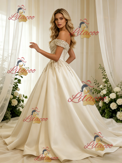 Ivory Satin Off the Shoulder Beading Wedding Dress