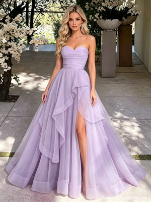 Purple Tulle Strapless Pleats Prom Dress