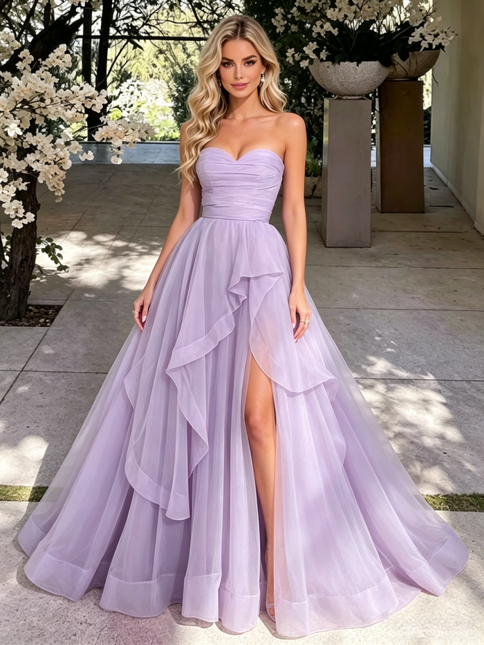 Purple Tulle Strapless Pleats Prom Dress