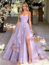 Purple Tulle Strapless Pleats Prom Dress